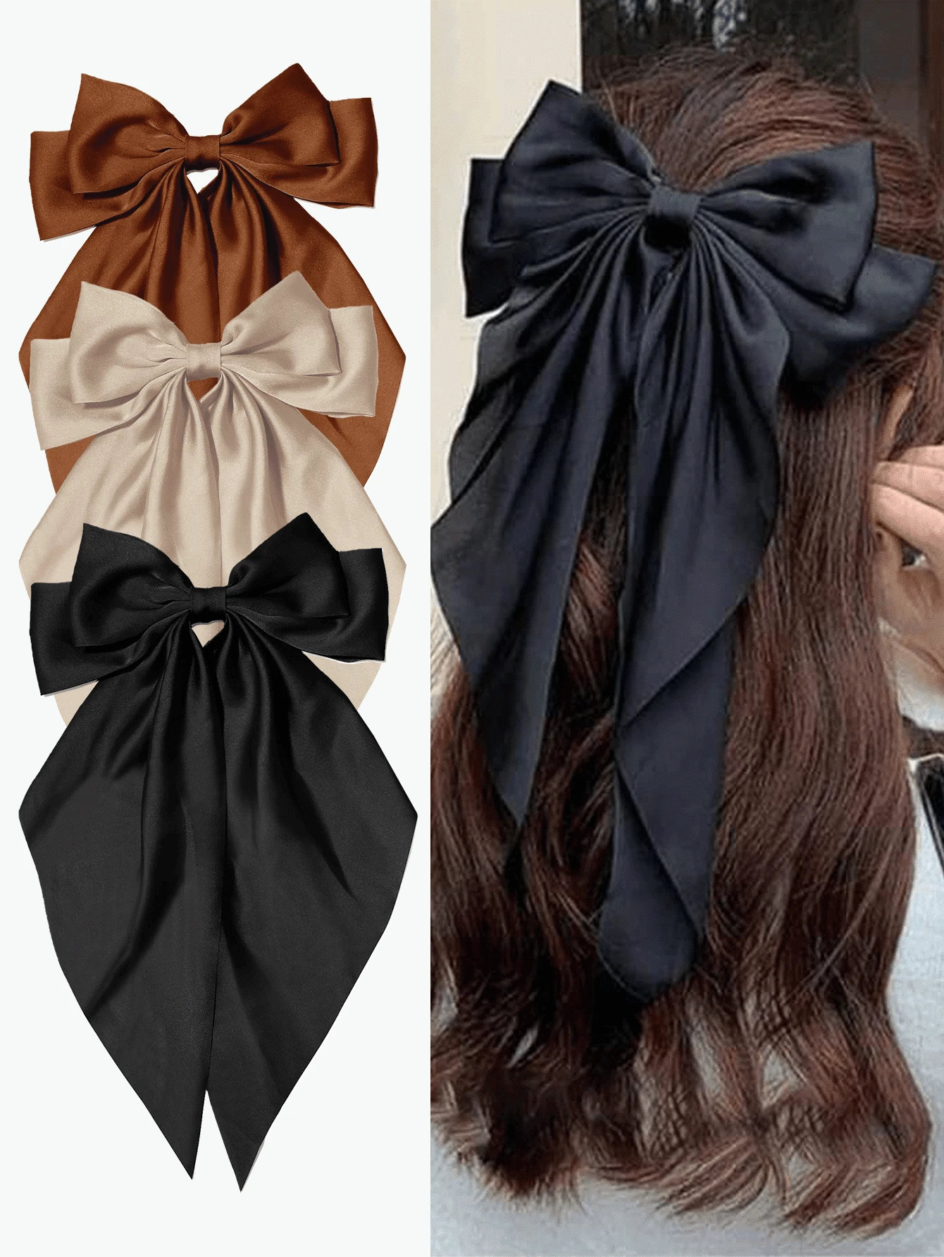 3/1 件装女童丝缎蝴蝶结发夹，大号蝴蝶结长丝带可爱发饰，蝴蝶装饰时尚金属发夹