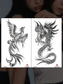 2 件黑色临时纹身，一次性假纹身，龙与凤凰，动物图案，情侣纹身，万圣节纹身，性感防水且易于使用的纹身贴纸，适合女性手臂、背部、腹部、腰部，派对和音乐节必备 - 黑色 - 查看 8