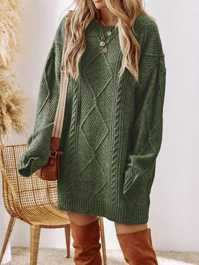 Acelitt Olive Green Textured Pattern Oversized Loose Knit Sweater Dress For Women, Autumn/Winter