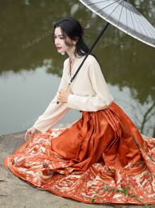 Vintage Spring Chinese Style Apricot Plane Sleeve Long Sleeve For Chinese New Year, Daily, Street, Commuting, Home And Other Occasions To Wear Hanfu Tops