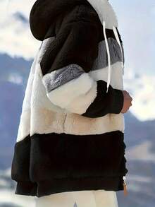 Plus Size Women Fluffy Fuzzy Hooded Loose Jacket, Multi-Color, Autumn/Winter - Black - View 4