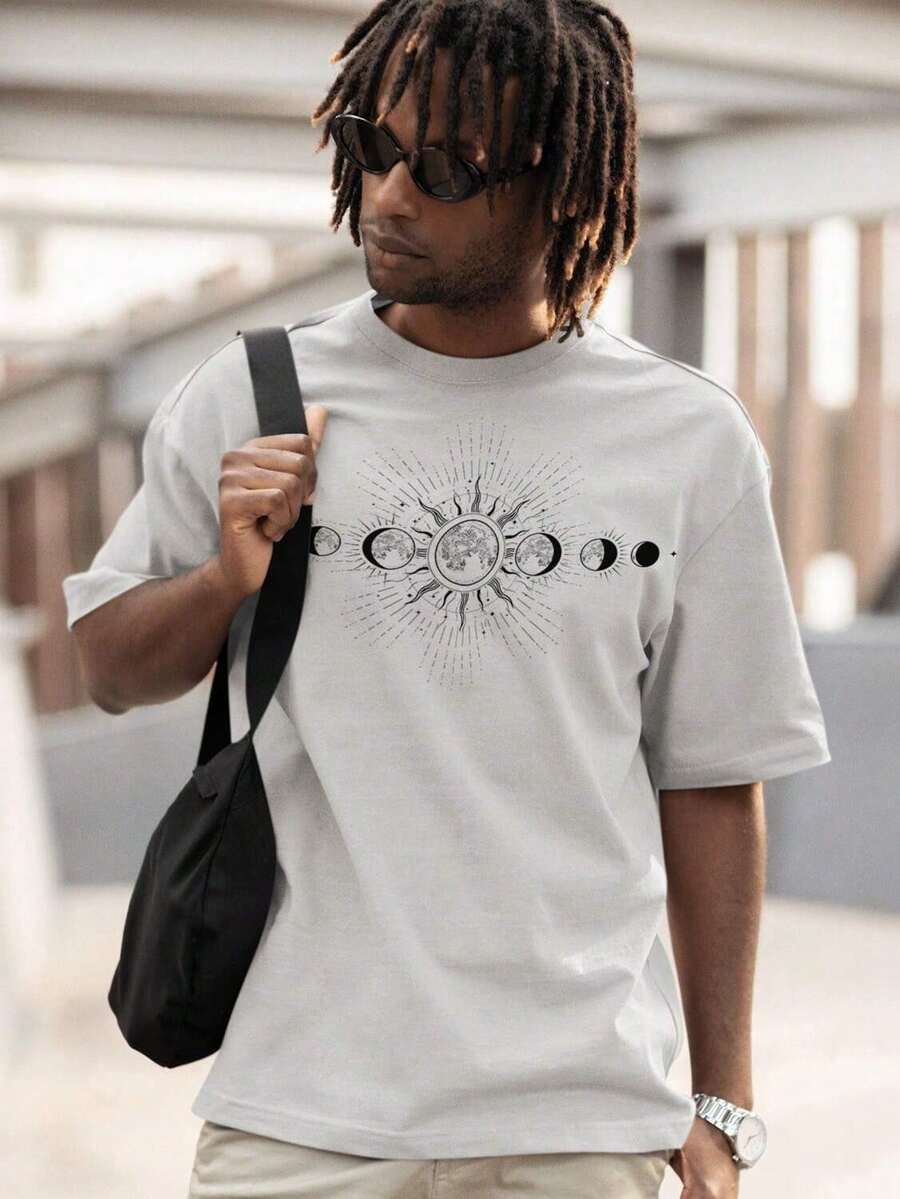 Men's Oversized T-Shirt 100% Cotton Streetwear Mystical Moon Phases - 灰色 - 查看 1