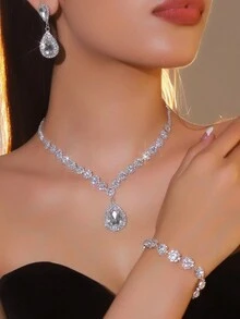 4/3 件优雅项链、耳环和手链首饰套装，女士时尚首饰套装，镶嵌闪亮水钻，适合搭配各种服装，或作为新娘婚纱配饰 - 彩色 - 查看 4