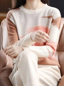 Women's Sweater Round Collar Color Clash Long Sleeve Loose Casual Skinny Knit Sweater - Chặn màu cam và lạc đà - Xem 4