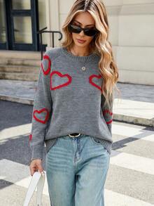 女士圆领休闲 Y2K 基础套头毛衣，带心形图案，长袖毛衣 - 灰色 - 查看 7