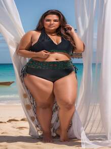 Plus Size Bikini Sunquini Skirt With Removable Cups, Size 46 To 60 - xanh quân đội - Xem 7