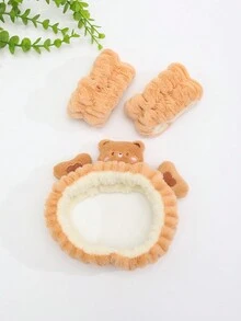 1 套沐浴头带和腕带套装，可爱动物卡通心形设计，涤纶材质，柔软细腻，适合居家、洗漱、化妆、面膜、节日和派对 - 棕色 - 查看 4