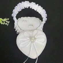 Caja con forma de cesta floral romántica en forma de corazón hecha a mano, cesta de mano con flores blancas para niña de las flores, caja para almacenar anillos de boda, decoración de boda (anillos no incluidos), regalo para el Día de San Valentín, Navidad, Día de la Madre
