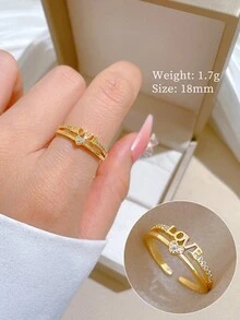 RIINHOO 1 chiếc nhẫn trái tim đính đá Zirconia LOVE, thiết kế tối giản, phong cách thanh lịch, thích hợp cho ngày hẹn hò, tiệc tối, quà tặng ngày lễ tình nhân - Vàng - Xem 9