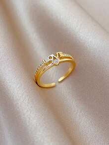 RIINHOO 1 chiếc nhẫn trái tim đính đá Zirconia LOVE, thiết kế tối giản, phong cách thanh lịch, thích hợp cho ngày hẹn hò, tiệc tối, quà tặng ngày lễ tình nhân - Vàng - Xem 13