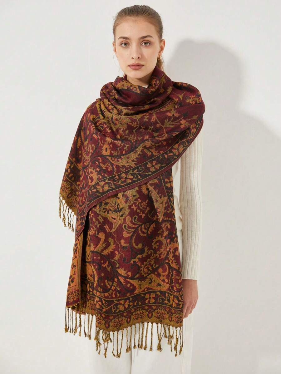 1pc Retro Elegant Versatile Paisley & Scarf - Burgundy - View 1