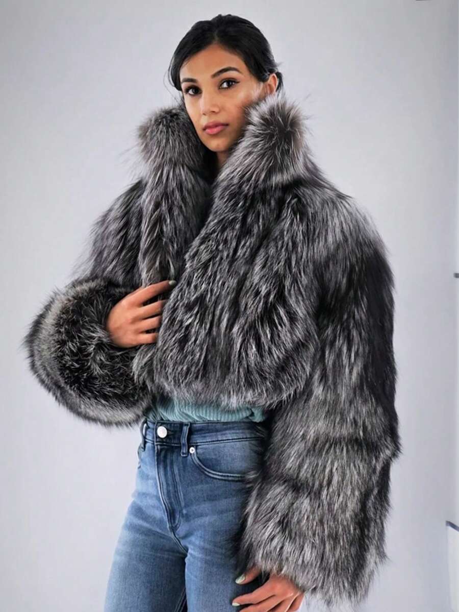 Damen elegant Silber Fuchs Muster Langarm Kunstpelz Lässig Jacke, modisch für Herbst/Winter Weihnachten