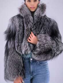 Damen elegant Silber Fuchs Muster Langarm Kunstpelz Lässig Jacke, modisch für Herbst/Winter Weihnachten