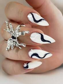 24 件纯白色水滴形黑色条纹闪光指甲片 + 果冻凝胶 + 缓冲块套装 - 白色 - 查看 1