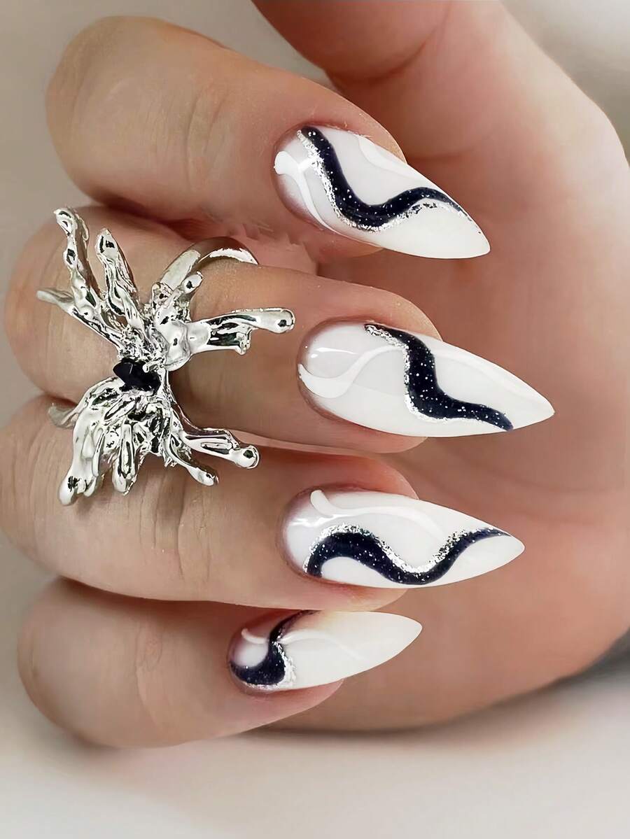 24 件纯白色水滴形黑色条纹闪光指甲片 + 果冻凝胶 + 缓冲块套装 - 白色 - 查看 1