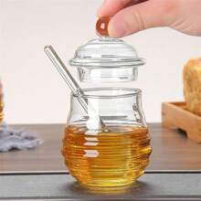 1pc Large Glass Honey Pot With Dipper And Lid, Syrup Dispenser, Leak-Proof Glass Honey Dispenser With Stand, Modern Glass Honey Dispenser, Maple Syrup Dispenser - Glass (500ml) - Transparent - View 7