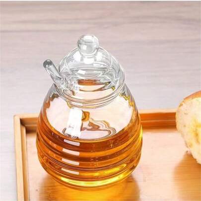 1pc Large Glass Honey Pot With Dipper And Lid, Syrup Dispenser, Leak-Proof Glass Honey Dispenser With Stand, Modern Glass Honey Dispenser, Maple Syrup Dispenser - Glass (500ml)