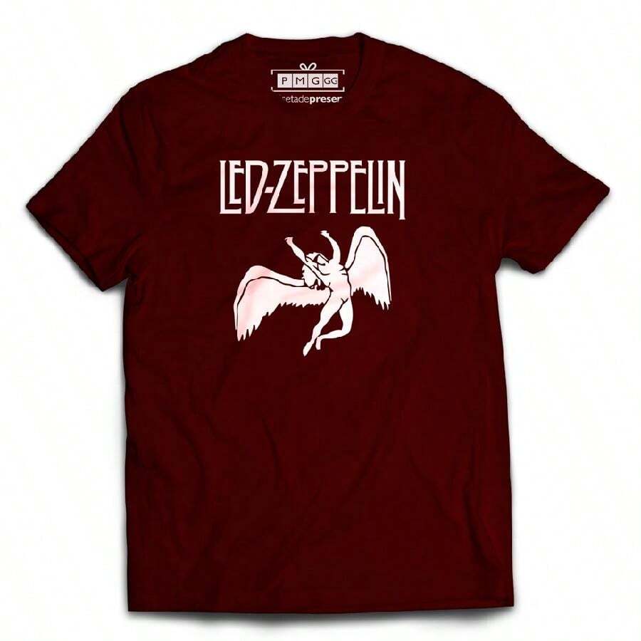 T-Shirt Shirt Zeppelin Logo Angel Rock Band Jimmy Page - 酒紅色 - 查看 1