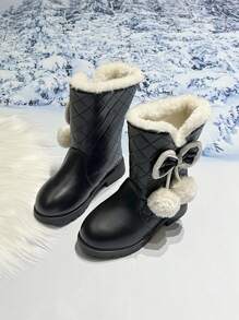 Stivali da neve invernali per bambine, stile principessa con tubo alto, fiocco e pompon, polpaccio medio, caldi e spessi, adatti per esterni, per bambini grandi e piccoli