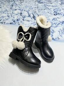 Stivali da neve invernali per bambine, stile principessa con tubo alto, fiocco e pompon, polpaccio medio, caldi e spessi, adatti per esterni, per bambini grandi e piccoli