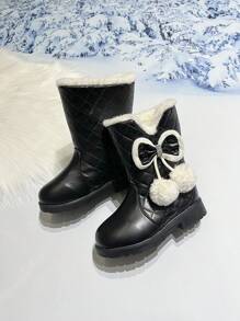 Stivali da neve invernali per bambine, stile principessa con tubo alto, fiocco e pompon, polpaccio medio, caldi e spessi, adatti per esterni, per bambini grandi e piccoli