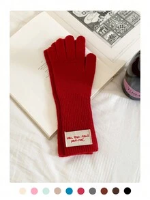 1 Pair Knitted Solid Color Applique Cute Five Finger Warm Long Cuff Touchscreen Fingerless Gloves, Wool Blend, Suitable For Autumn/Winter, Cycling
