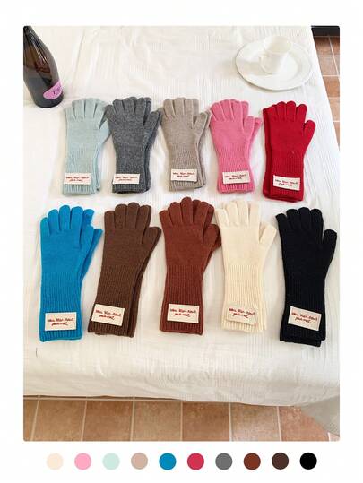 1 Pair Knitted Solid Color Applique Cute Five Finger Warm Long Cuff Touchscreen Fingerless Gloves, Wool Blend, Suitable For Autumn/Winter, Cycling