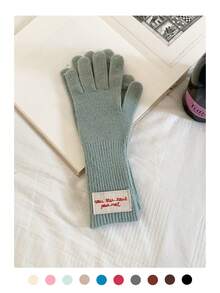 1 Pair Knitted Solid Color Applique Cute Five Finger Warm Long Cuff Touchscreen Fingerless Gloves, Wool Blend, Suitable For Autumn/Winter, Cycling