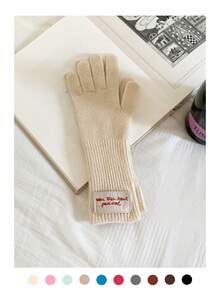 1 Pair Knitted Solid Color Applique Cute Five Finger Warm Long Cuff Touchscreen Fingerless Gloves, Wool Blend, Suitable For Autumn/Winter, Cycling