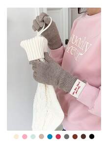 1 Pair Knitted Solid Color Applique Cute Five Finger Warm Long Cuff Touchscreen Fingerless Gloves, Wool Blend, Suitable For Autumn/Winter, Cycling