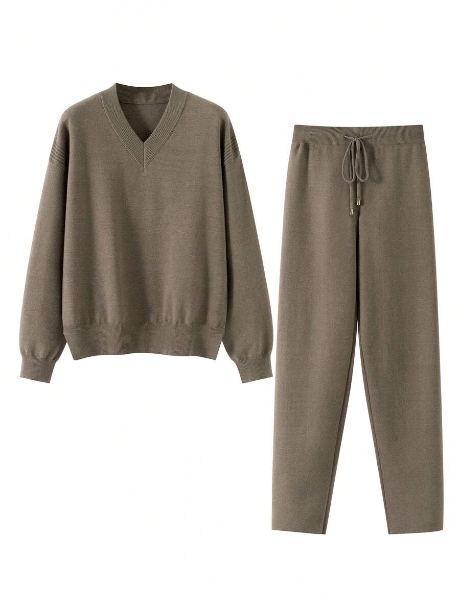 Spring Autumn Outdoor Women Two Pieces Sweater + Pants Set - Brown - View 1