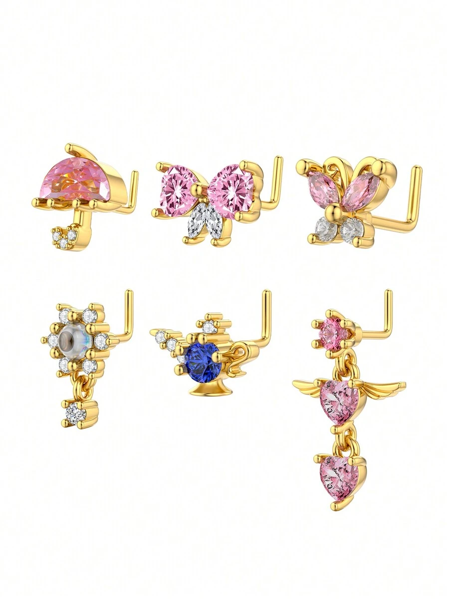 1 chiếc khuyên mũi hình con bướm, trái tim, ô dù, ấm trà mạ đồng Zirconia, dành cho cả nam và nữ - Nhiều màu - Xem 1