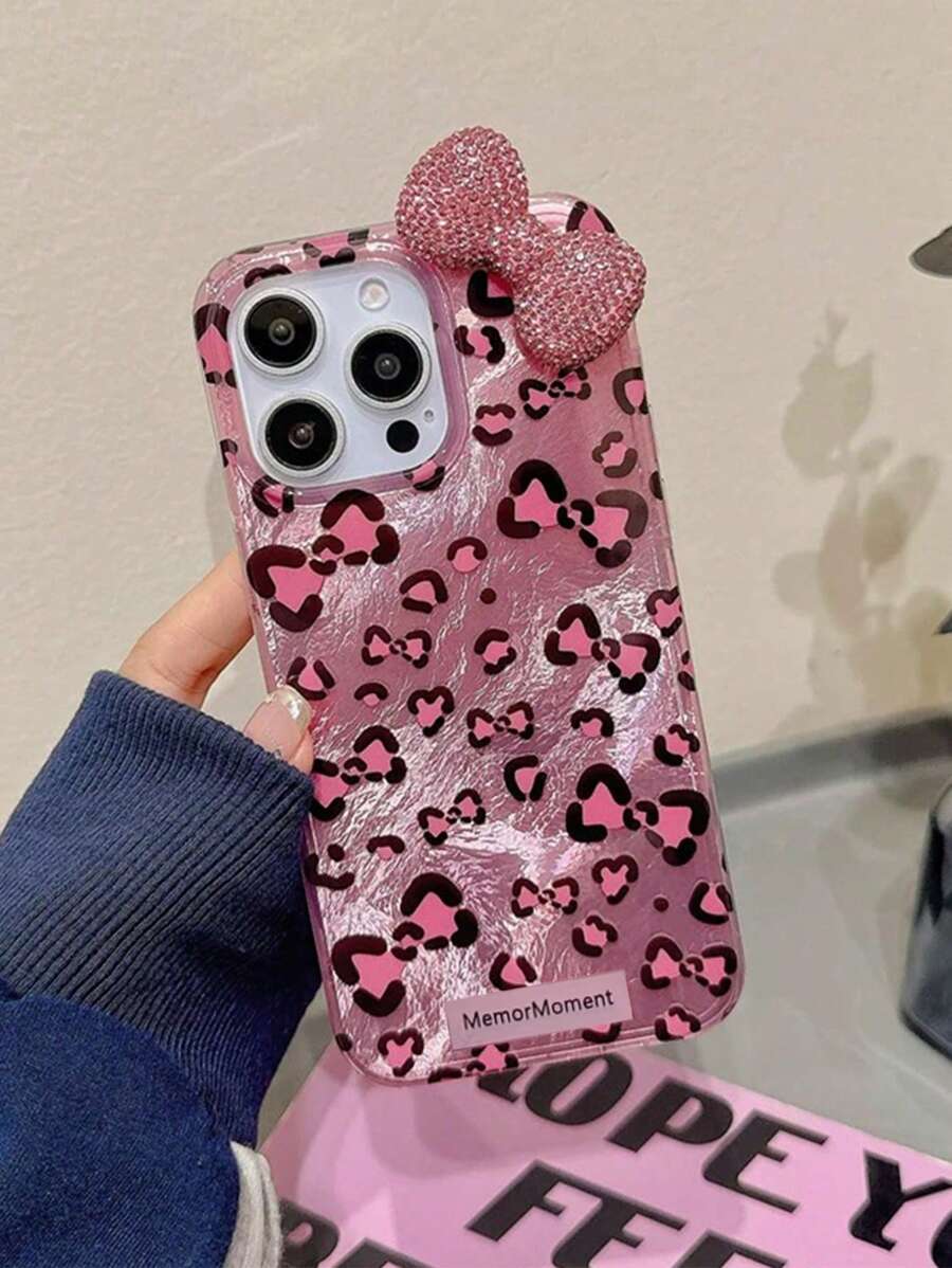 High-End European & American Style 3D Crystal Bow & Laser Leopard Print Phone Case Compatible With IPhone 16 Pro Max/16 Pro/16 Plus/16/15 Pro Max/15/14/13/12 Pro/11 Pro Max/17 Pro Max, 17 Pro, 17, 17 Air Smartphones - Red - View 1