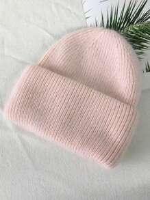 1pc White Knit Cuffed Beanie Hats For Women Winter Fur Knitted Caps Soft Slouchy Warm Snug Snow Ski Running Adult Knit Hat - White - View 4