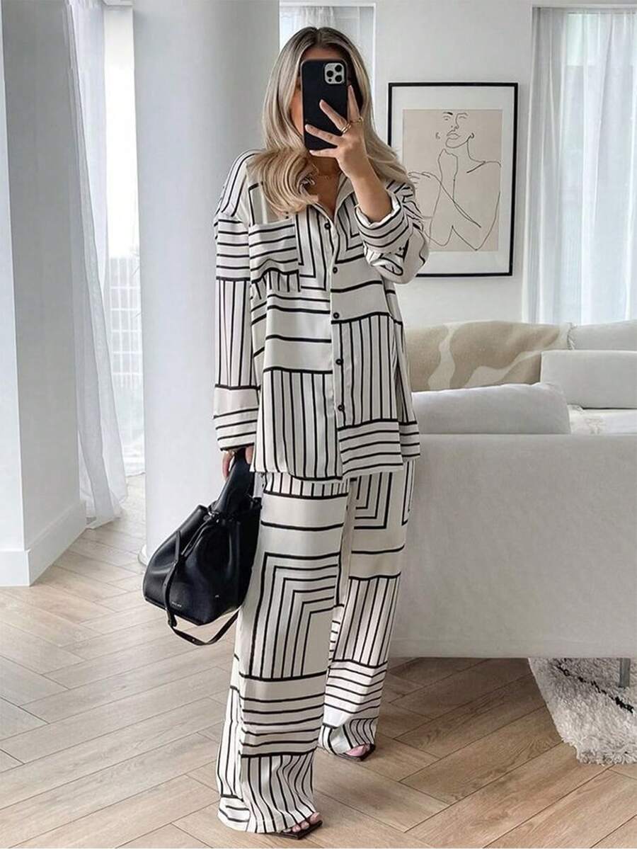 Women's Fashion Elegant Casual Commuter 2 Pieces Set With Line & Geometric Pattern Spring - Black and White - View 1
