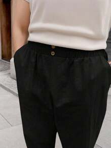 tooluck Men's Solid Color Cotton And Linen Loose Straight Pants Elastic Waistband Casual Pants With Pockets - màu đen - Xem 5