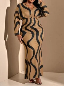 BIUBIU Vestido de mujer talla grande de unicolor con pliegues en la cintura y mangas tipo murciélago, ropa exterior con estampado geométrico - Caqui - Ver 3