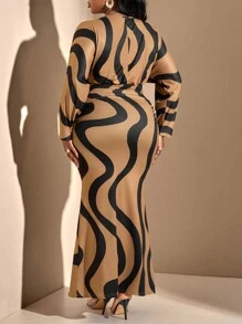 BIUBIU Vestido de mujer talla grande de unicolor con pliegues en la cintura y mangas tipo murciélago, ropa exterior con estampado geométrico - Caqui - Ver 2