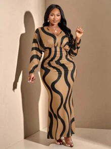 BIUBIU Vestido de mujer talla grande de unicolor con pliegues en la cintura y mangas tipo murciélago, ropa exterior con estampado geométrico - Caqui - Ver 4