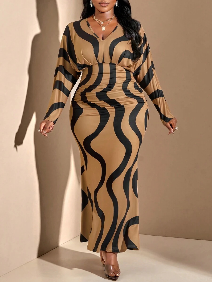 BIUBIU Vestido de mujer talla grande de unicolor con pliegues en la cintura y mangas tipo murciélago, ropa exterior con estampado geométrico - Caqui - Ver 1