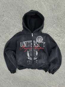 Men's Contrast Letter & Badge Vintage Print Full Zip Hooded Sweatshirt, Spring & Autumn