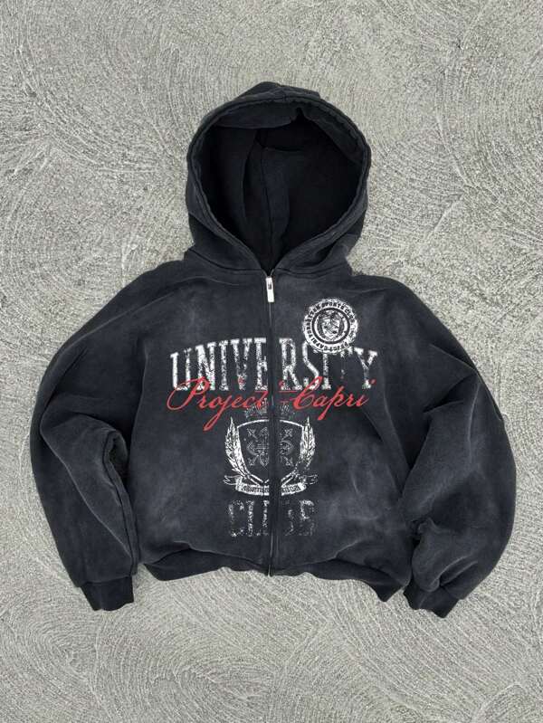 Men's Contrast Letter & Badge Vintage Print Full Zip Hooded Sweatshirt, Spring & Autumn
