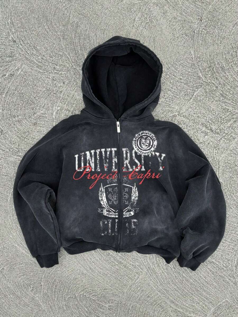 Men's Contrast Letter & Badge Vintage Print Full Zip Hooded Sweatshirt, Spring & Autumn