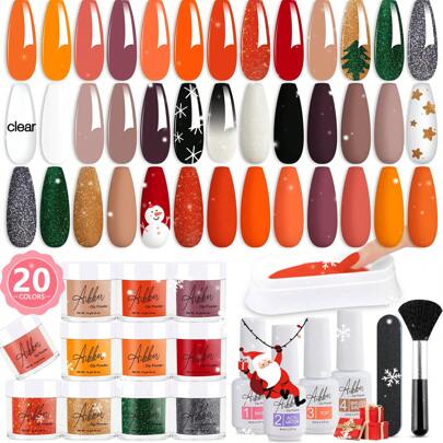 AIKKER 27 pezzi Kit Unghie in Polvere da Immersione - 20 Colori Serie Rosso Arancione Shimmer Glitter e Serie Coat con Set Liquido Essenziale da Immersione, Vassoio Riciclabile e Lima per Unghie Francesi da Donna e Ragazze, Regalo di Natale e Ringraziamento