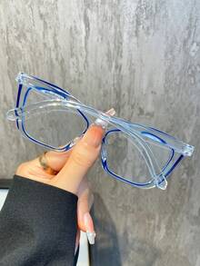 1 件个性化霓虹色块线条无度数眼镜，复古猫眼时尚眼镜，自拍和休闲镜框 - 透明畫藍防藍光 - 查看 4