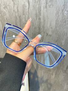1 件个性化霓虹色块线条无度数眼镜，复古猫眼时尚眼镜，自拍和休闲镜框 - 透明畫藍防藍光 - 查看 2