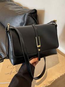 时尚休闲纯色方形翻盖包，无吊坠，适合大学/学院教室、通勤、工作、办公室、节日、假期、聚会、旅行等场合，适合女性、职场新人、白领、青少年、大学生、年轻女孩。 - 黑色 - 查看 6