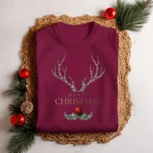 Unisex Christmas Reindeer T-Shirt Shiny Henna Personalized Elegant Premium Fabric Print 12 - Màu Tím - Xem 1
