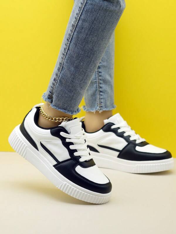 Women's Black&White Lace-Up Sport Casual Knit Sneakers, Shock Absorbing Air Cushion, Slip-On