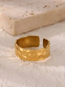 1PC Vintage Hammered Asymmetric Rings For Women Opening Gold Plated Stainless Steel Ring Fashionable Ladies Daily Jewelry Decoration